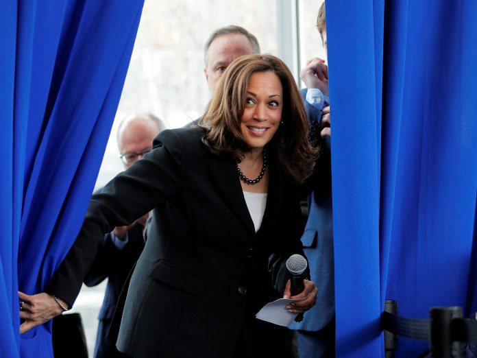 Democratic 2020 U.S. presidential candidate Harris takes the stage for a campaign stop in Keene