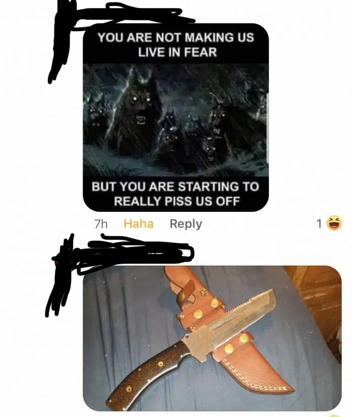 A picture of a knife, used as a death threat