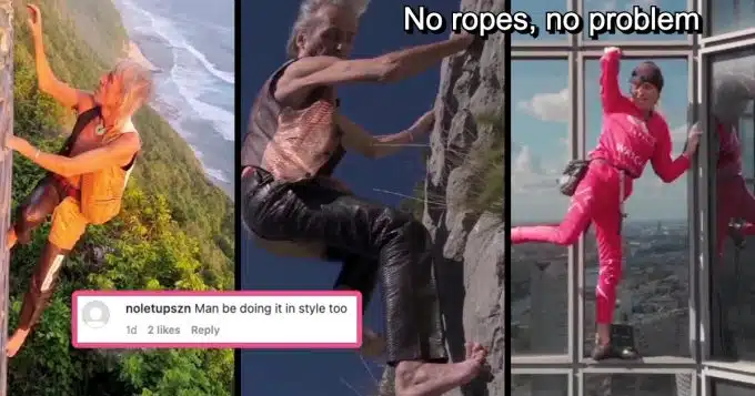 Geriatric French Rock Climber Has Spent Decades as a Risk-Taking Renagade, Free Soloing Deadly Rock Faces and Skyscrapers Wearing Nothing But Leather Pants and Nerves of Steel