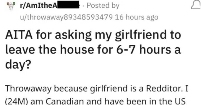'I don't like when she's sitting in the same room as me': Guy asks 'AITA?' for making his GF get out of the house while he works