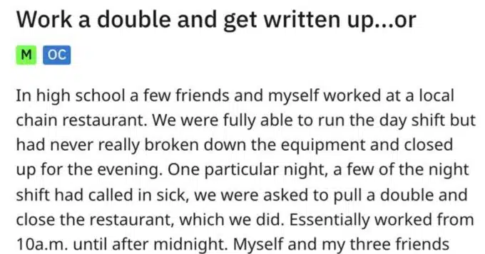 'Work a double and get written up… or…': Every worker quits when manager tries to write them up for working a double shift to help out