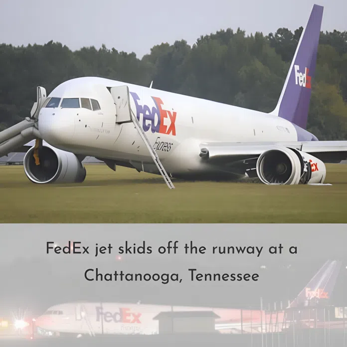 FedEx plane skids off runway