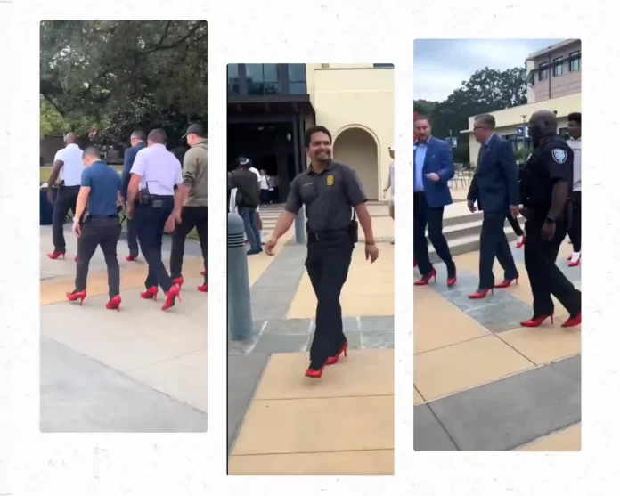 Men in red high heels protest