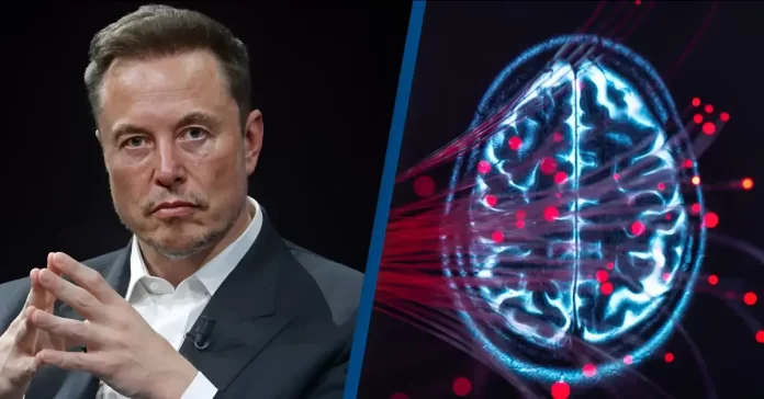 A futuristic rendering of a brain with Neuralink technology, seemingly restoring sight.