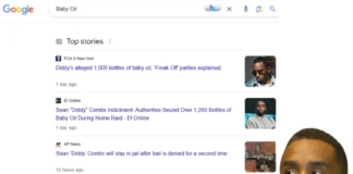 Diddy Beats Baby Oil Brands in Google Search Diddy show up on googles top when searching baby oil
