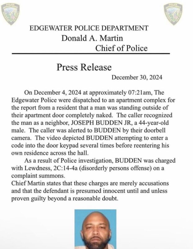 press release by Edgewater Police for Joe Budden Incident