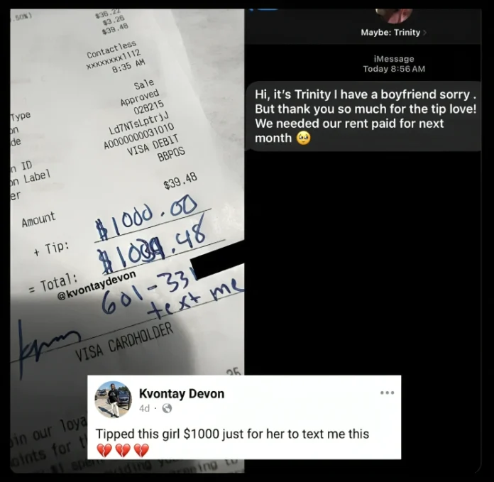 waitress uses $1000 tip to pay boyfriend's rent