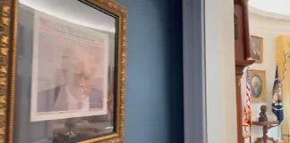 Donald Trump Displays His Mugshot Outside Oval Office donald trump mugshot framed oval office