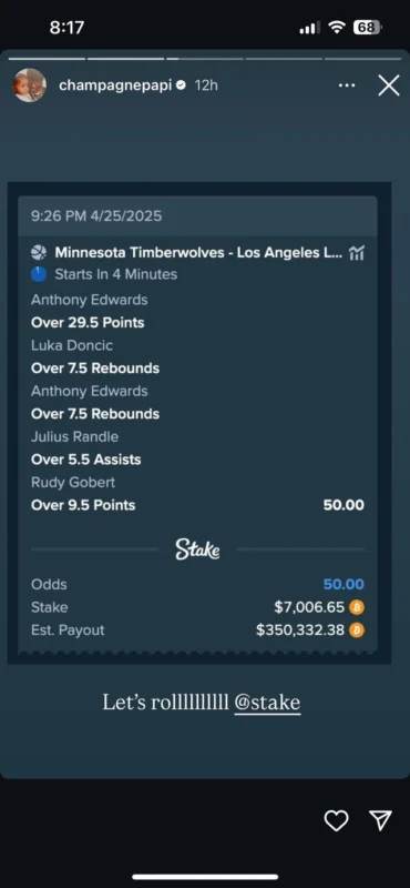how much did drake win betting on timberwolves