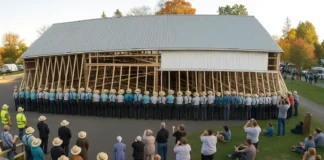 Watch 800 Amish Men Lift and Carry a Huge Barn Across a Field—By Hand! amish men move barn without machinery