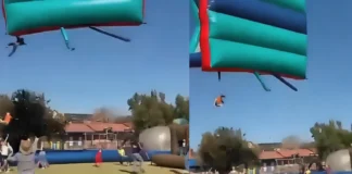 Shocking Video Shows Bouncy House Flying Away With Two Children Still Inside bouncy house flies away with children