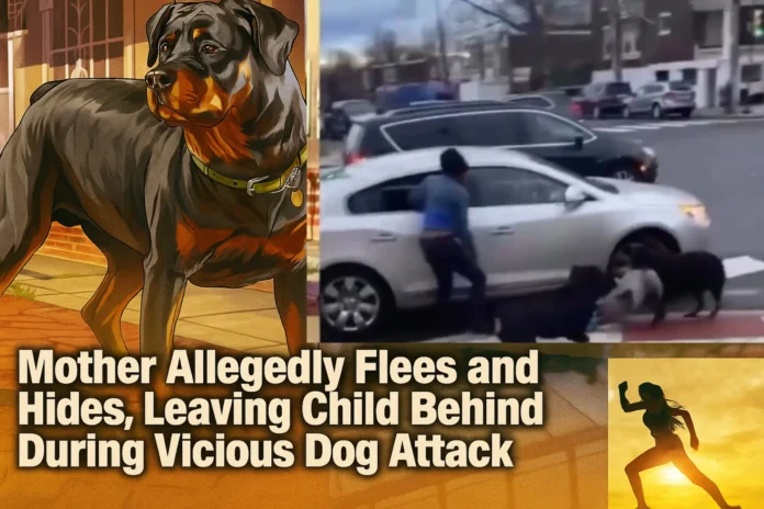 mother allegedly fled/ran to save herself, leaving her child behind & hid after two large dogs viciously attacked