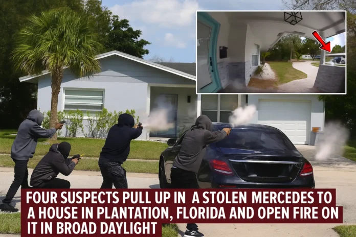 Four suspects pull up in a stolen Mercedes to a house in Plantation, Florida, and open fire on it