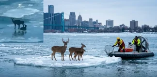 3 Deer Rescued After Floating Down Detroit River on Ice Sheet deer floating Detroit River ice