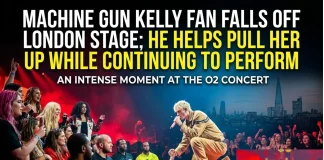 Machine Gun Kelly Fan Falls Off Stage in London, Rapper Helps Her Back Up Machine Gun Kelly fan falls off stage