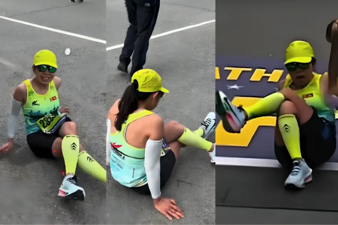 Boston Marathon runner crawls finish line