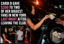 Cardi B Hands Out Cash to Fans in Bold Green Outfit During NYC Night Out Cardi B hands cash