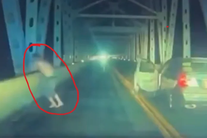 American drives off bridge police chase