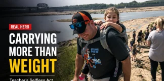 Heroic Teacher Carries Wheelchair-Bound Student on Back During Rocky School Hike Teacher carries student on hike