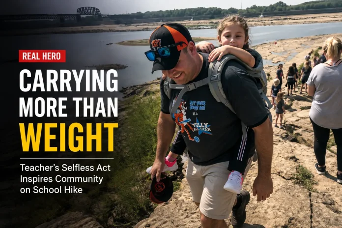 Teacher carries student on hike