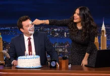 Salma Hayek Surprises Jimmy Fallon on Tonight Show with a Birthday Cake Salma Hayek Jimmy Fallon