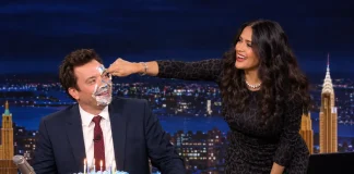 Salma Hayek Surprises Jimmy Fallon on Tonight Show with a Birthday Cake Salma Hayek Jimmy Fallon