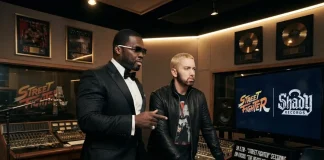 50 Cent Reveals Eminem Stepped Away From ‘Street Fighter’ Soundtrack to Complete New Album 50 Cent and Eminem together at a recording studio console during Street Fighter soundtrack sessions