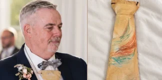 Father Wears Paper Tie Made by Daughter 24 Years Ago to Her Wedding Day father wears paper tie daughter wedding viral story