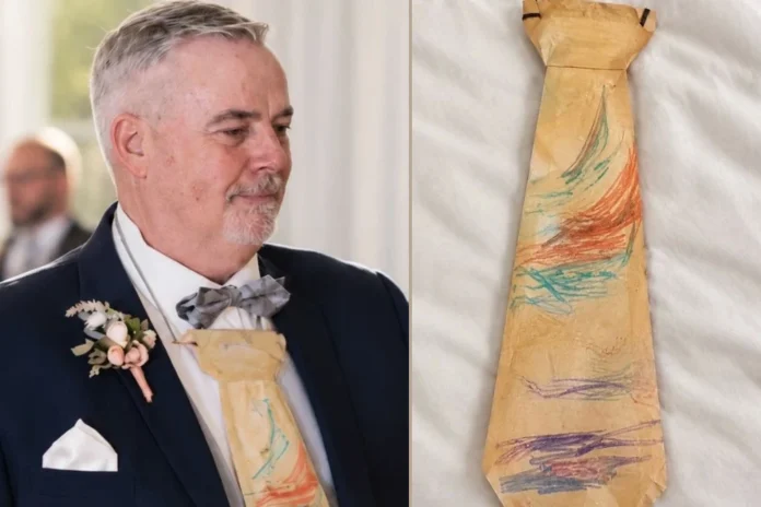 father wears paper tie daughter wedding viral story