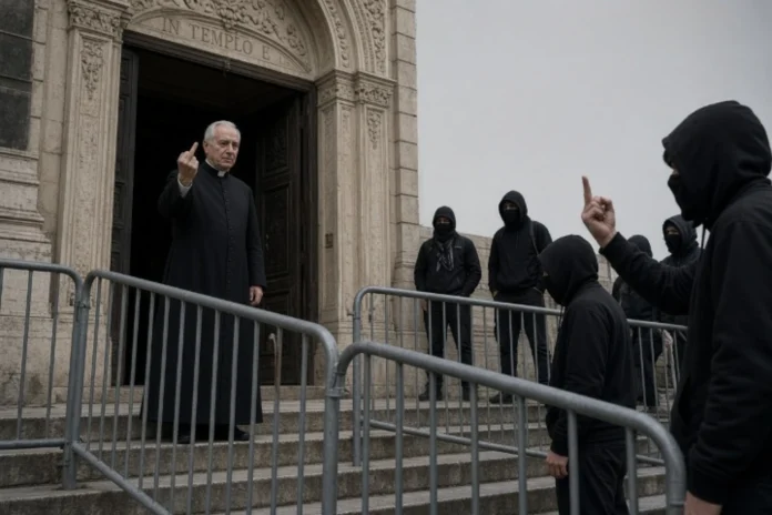 Milan Priest Flips Off Masked Rioter After Sheltering Scared Tourists in Church