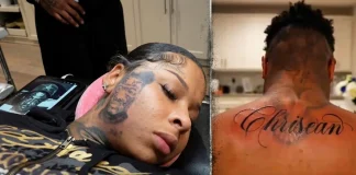 Chrisean Rock Redoes Face Tattoo of Blueface After He Inks Her Name on His Back Chrisean Rock touching up her Blueface cheek portrait while Blueface shows his fresh Chrisean back tattoo