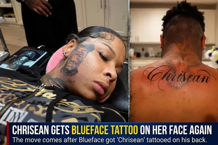 Chrisean Rock touching up her Blueface cheek portrait while Blueface shows his fresh Chrisean back tattoo