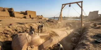 Egyptian Landowner Unearths Inscribed Stone Leading to Massive Ancient Pharaoh Statue Archaeologists brush dust from a massive granite pharaoh statue wearing a nemes headdress in an excavation trench in Egypt.