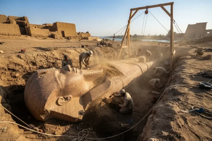 Egyptian Landowner Unearths Inscribed Stone Leading to Massive Ancient Pharaoh Statue