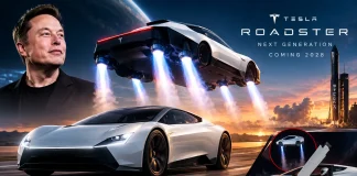 Elon Musk Announces 2028 Tesla Roadster with SpaceX Thrusters and Sub-Second 0-60 MPH Concept graphic of a next-generation Tesla Roadster with SpaceX thrusters lifting it into flight beside Elon Musk, advertising 2028 production.
