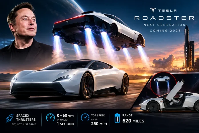 Concept graphic of a next-generation Tesla Roadster with SpaceX thrusters lifting it into flight beside Elon Musk, advertising 2028 production.