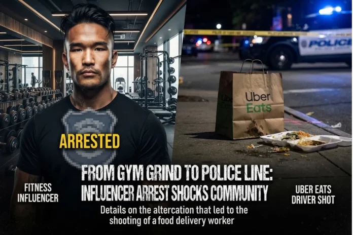 News graphic of a fitness influencer labeled Arrested beside an overturned Uber Eats delivery bag at a police crime scene tape, under a headline about an influencer arrest over a delivery driver shooting.
