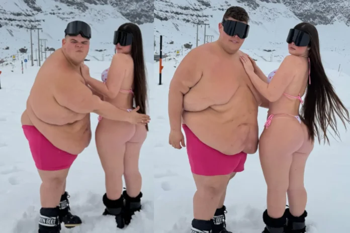 Brazilian influencer Gordao da XJ and fiancee Nicolle Caroline posing in the snow in Chile