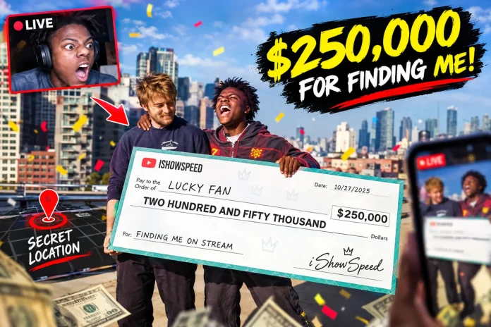 IShowSpeed holding a giant novelty $250,000 check with fan Ben on a New York City rooftop amid confetti