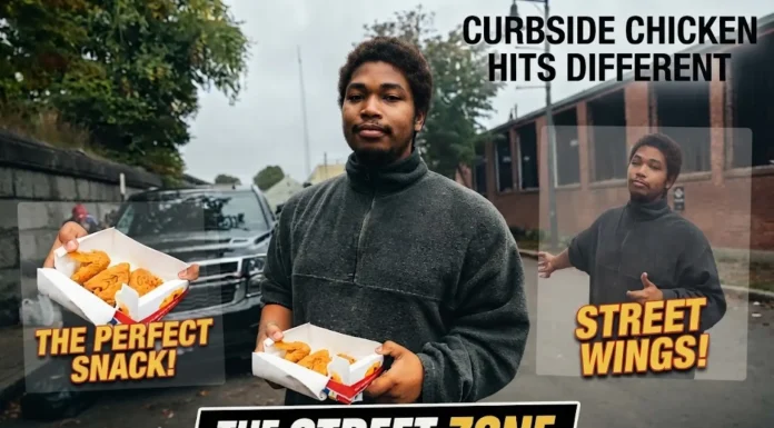 Kick Streamer Beaten Up After Handing Out Fried Chicken While Shouting Racial Slurs Split news graphic of a streamer holding a box of fried chicken on a city street before an on-camera confrontation, captioned about a livestream provocation turning violent.