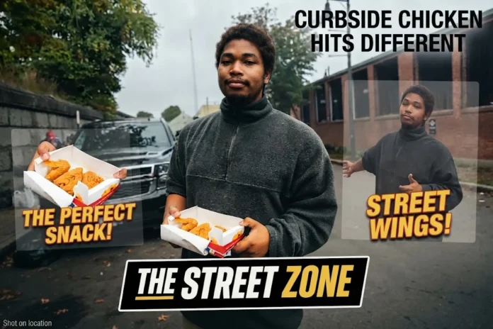 Split news graphic of a streamer holding a box of fried chicken on a city street before an on-camera confrontation, captioned about a livestream provocation turning violent.