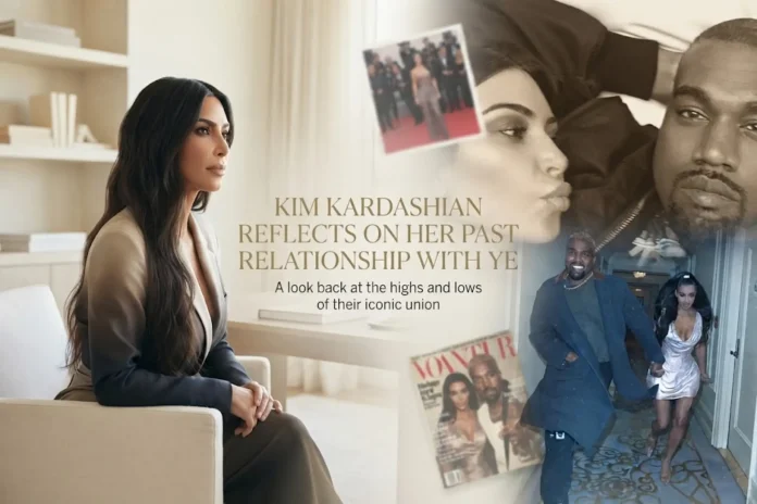 Kim Kardashian sits contemplatively in an interview beside faded archival photos of her with Kanye West, under the headline Kim Kardashian Reflects on Her Past Relationship with Ye.