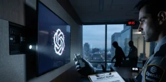 OpenAI Employee Arrested for Allegedly Planting Hidden Recording Device at Company Headquarters A security officer in gloves holds a recorder and an arrest report in a dusk-lit conference room with an OpenAI logo on a screen.