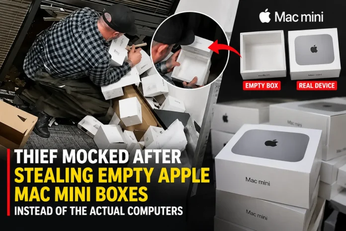 Security footage still of the Tempe burglar grabbing empty Apple Mac Mini display boxes