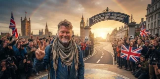 British Adventurer Karl Bushby Returns Home After 28-Year Walk Around the World Karl Bushby flashes a peace sign beside his gear-laden expedition cart as cheering crowds wave Union Jacks near Big Ben at his homecoming.