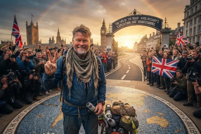 Karl Bushby flashes a peace sign beside his gear-laden expedition cart as cheering crowds wave Union Jacks near Big Ben at his homecoming.