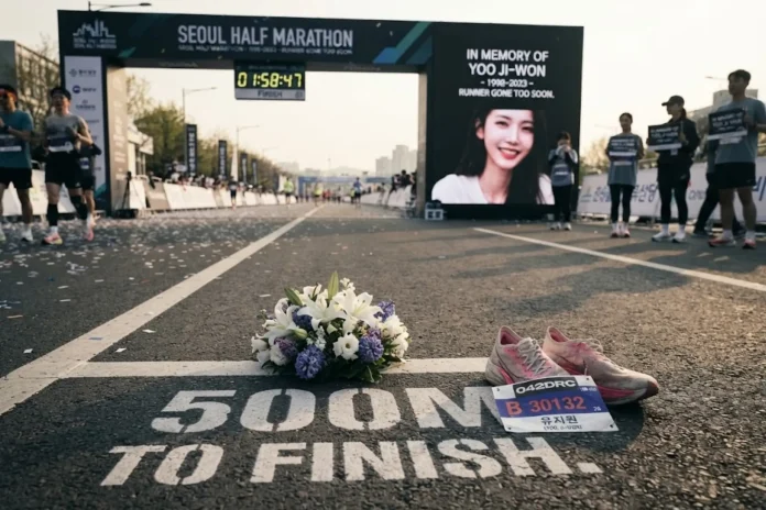 Flowers, running shoes and a race bib rest at a 500 meters to finish marker in a tribute to runner Yoo Ji-won.